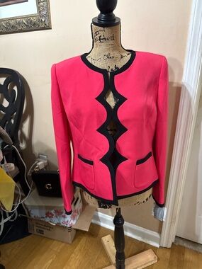 Bright Pink Scalloped-Edge Blazer with Black Trim